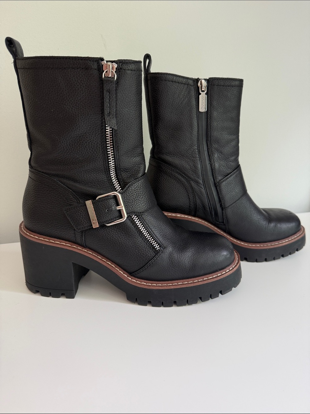 Blondo Black Leather Mid-Calf Chunky Heel Moto Boots